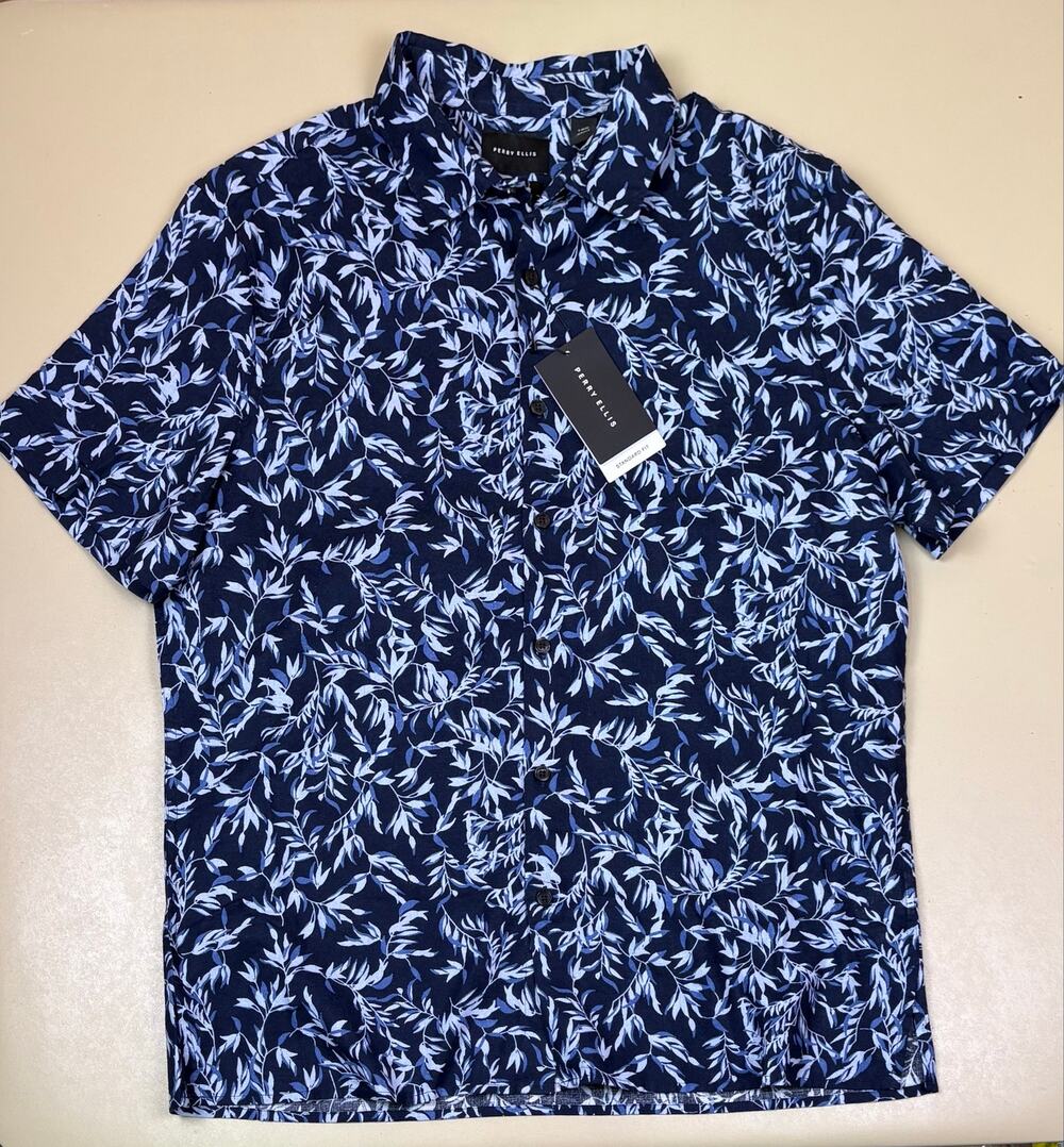 Men’s Linen Blend Floral Button Down Shirt Large Navy Blue Perry Ellis NWT